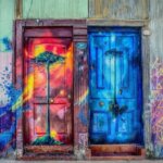 Zwei bemalte Türen mit Graffiti-Bäumen in Rot und Blau an einer Wellblechwand in Valparaíso – Symbolbild für den Unterschied zwischen Einnahme und Ertrag.