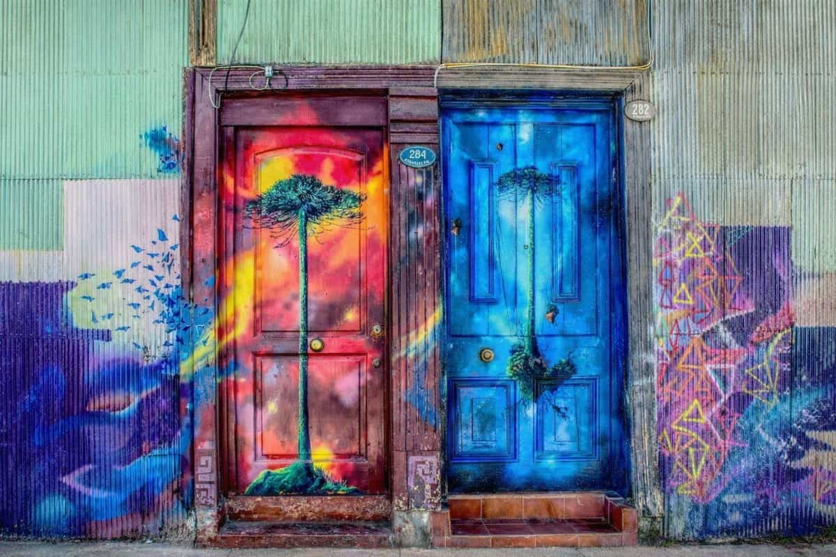 Einnahme vs. Ertrag: Unterschied einfach erklärt Zwei bemalte Türen mit Graffiti-Bäumen in Rot und Blau an einer Wellblechwand in Valparaíso – Symbolbild für den Unterschied zwischen Einnahme und Ertrag.