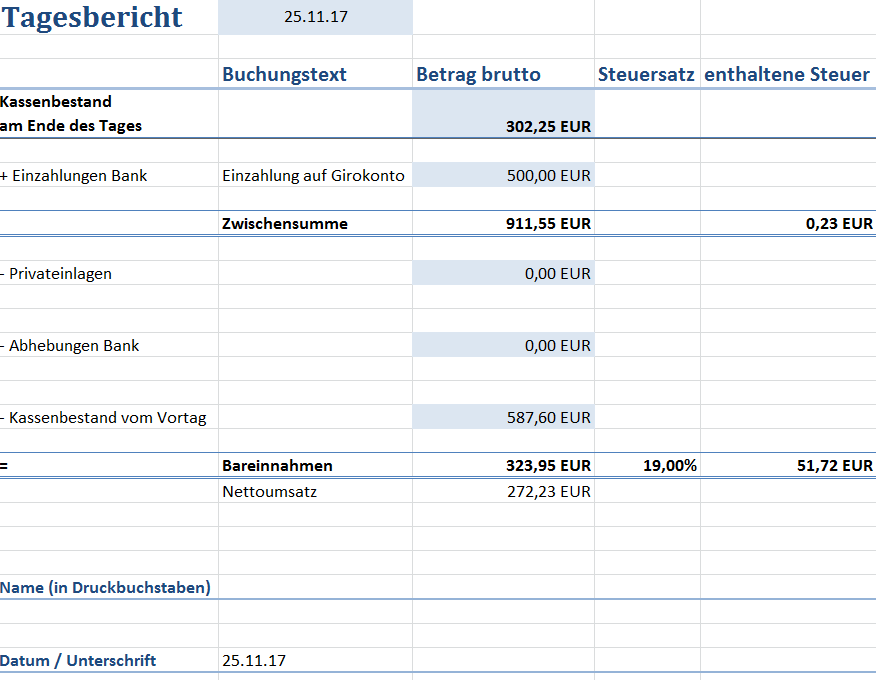 Kassenbuch-Tagesbericht