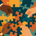 Gesellschaftsvertrag (Abstrakte Darstellung mehrerer Hände, die gemeinsam versuchen, ein unvollständiges Puzzle zusammenzusetzen – Symbol für individuelle Verträge in der Gründung)