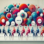 Culture Clash / Abstrakte digitale Illustration, die kulturelle Vielfalt und interkulturelle Kommunikation mit farbigen Formen und dynamischen Linien symbolisiert.