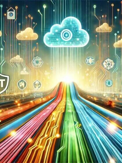 IT-Infrastruktur / Futuristische Darstellung einer digitalen Datenautobahn mit leuchtenden Lichtspuren, Cloud-Symbolen und IT-Icons, die eine vernetzte IT-Infrastruktur symbolisieren.