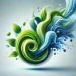Nachhaltigkeit (Dynamische digitale Kunst mit abstrakten grünen und blauen Wirbeln, die an Natur und Energie erinnern, umgeben von Blättern und schwebenden Kugeln.)