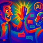 Produktivität, KI / Bunte, abstrakte Illustration eines fröhlichen Geschäftsmanns beim High-Five mit einem leuchtenden KI-Assistenten – Symbol für kreative Mensch-Maschine-Zusammenarbeit.