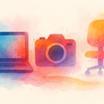Abschreibung (Aquarell-Illustration mit drei verblassenden Objekten: ein Laptop, eine Kamera und ein Bürostuhl, die von links nach rechts immer transparenter werden, symbolisieren den Wertverlust durch Abschreibung.)