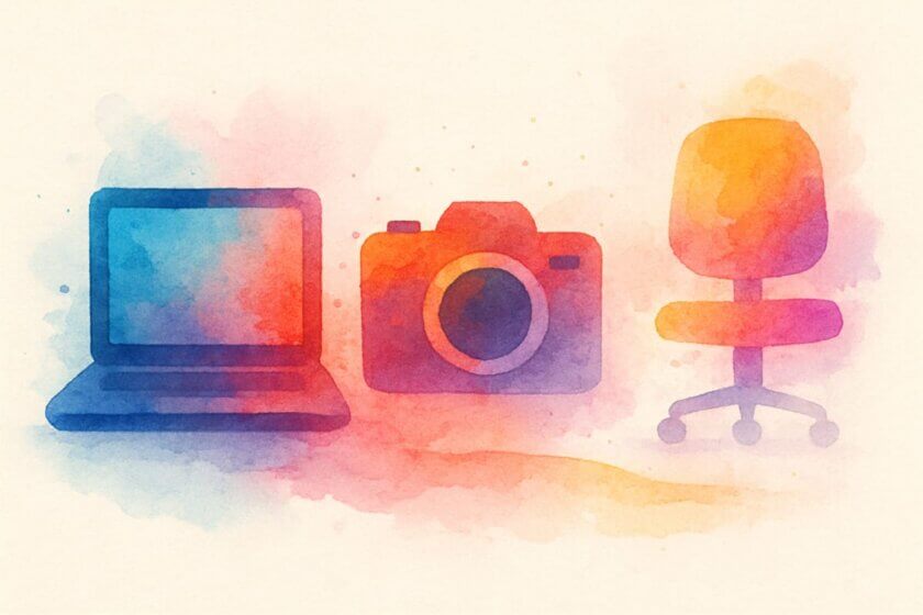 Abschreibung (Aquarell-Illustration mit drei verblassenden Objekten: ein Laptop, eine Kamera und ein Bürostuhl, die von links nach rechts immer transparenter werden, symbolisieren den Wertverlust durch Abschreibung.)