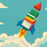 Effizient arbeiten (Illustration einer bunten Rakete, die aus gestapelten Büroordnern und Notizbüchern besteht und in einem wolkigen Himmel aufsteigt; die Spitze der Rakete ist ein roter Foldback-Clip.)