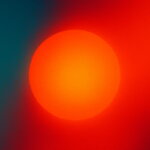 Stresskompetenz (Abstraktes digitales Kunstwerk mit intensivem Farbverlauf von dunklem Türkis zu leuchtendem Rot-Orange, zentrales Element ist ein strahlender, glühender Kreis – symbolisiert Energie, Spannung und Balance.)