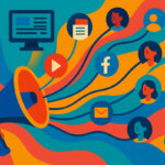Bunte Illustration eines Megafons, aus dem Symbole für Social Media, Kommunikation und Menschen strömen – Sinnbild für Recruiting mit Medienmix.