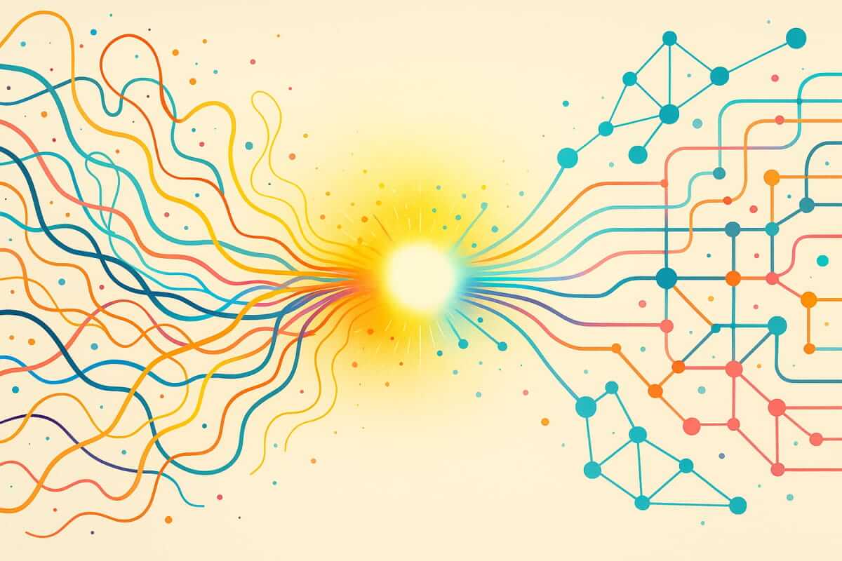 Abstrakte Illustration von bunten Datenströmen, die sich in einem hellen Zentrum bündeln und sich rechts in ein strukturiertes Netzwerk verwandeln – Symbol für CRM-Systeme