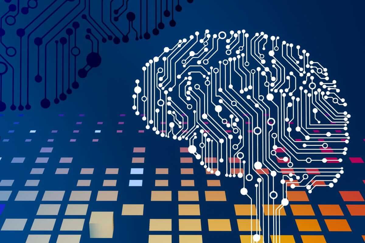 KI im Mittelstand / Künstliche Intelligenz im Mittelstand: Abstraktes Schaltkreis-Gehirn als Symbol für KI, Digitalisierung und Datenanalyse