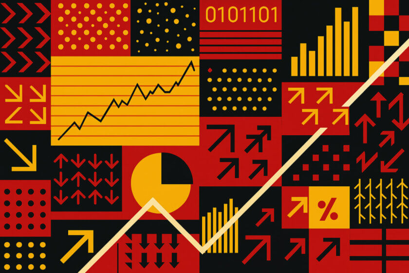 Abstrakte Grafik in kräftigen Rot-, Gelb- und Schwarztönen mit Linien, Pfeilen, Diagrammen und Zahlen – symbolisiert Datenanalyse, Wachstum und Wirtschaft. Ideal als Titelbild für einen Artikel über Finanzen oder den Jahresabschluss einer GmbH.