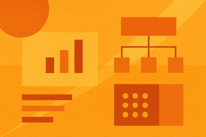 Organisationsentwicklung / Abstrakte Illustration in warmen Orange- und Gelbtönen mit geometrischen Formen wie Diagrammen, Kästchen und Linien, die Struktur und Organisationsprozesse symbolisieren.