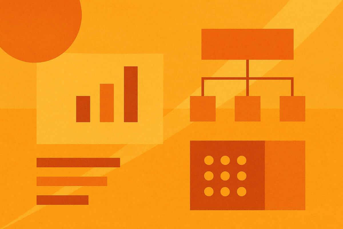 Organisationsentwicklung / Abstrakte Illustration in warmen Orange- und Gelbtönen mit geometrischen Formen wie Diagrammen, Kästchen und Linien, die Struktur und Organisationsprozesse symbolisieren.