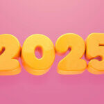 Top 10 / Gelbe 3D-Zahlen „2025“ auf pinkem Hintergrund, stilisiert und modern dargestellt.