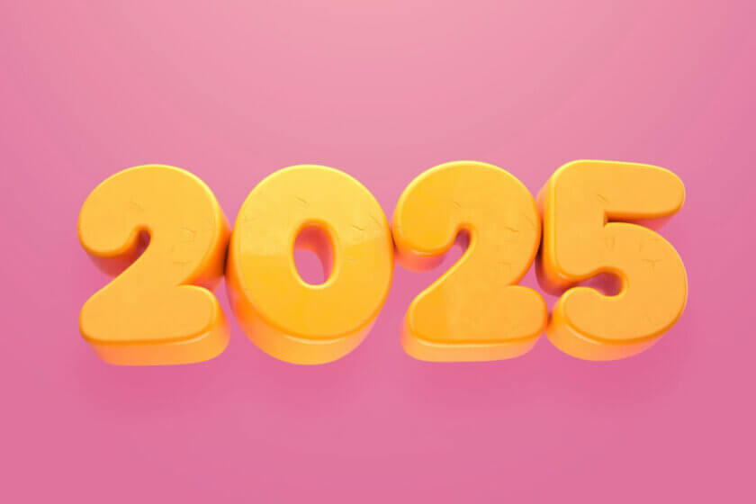 Top 10 / Gelbe 3D-Zahlen „2025“ auf pinkem Hintergrund, stilisiert und modern dargestellt.