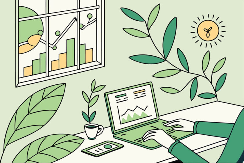 CSRD / Abstrakte Illustration eines Arbeitsplatzes mit Laptop, Diagrammen und Pflanzen als Symbol für strukturierte Nachhaltigkeitsberichterstattung im Unternehmen.