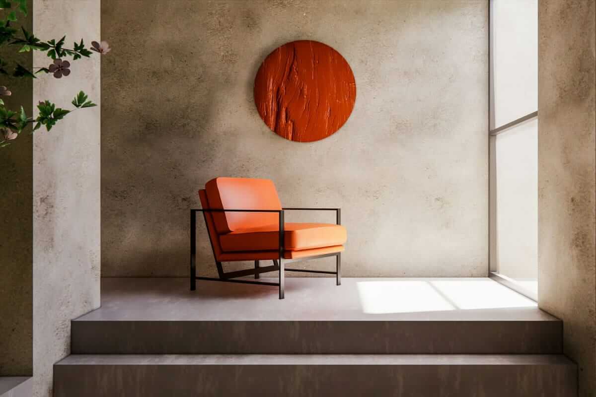 Bankgespräch / ein orangefarbener Stuhl, der auf einer Treppe sitzt