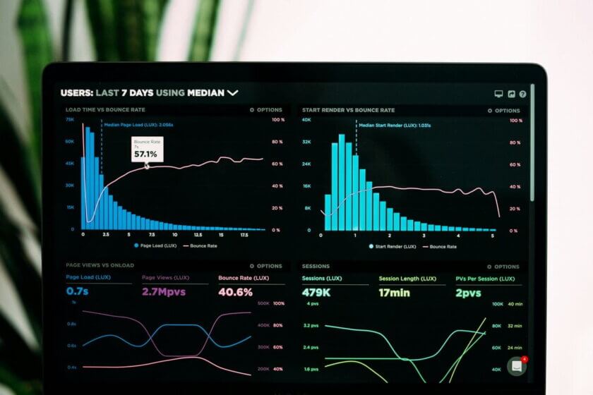 SEO API / Dunkles Analytics-Dashboard auf einem Laptop-Bildschirm zeigt Diagramme zu Ladezeit, Bounce Rate und Sessions.