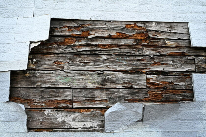 Konflikte im Team / Abgeplatzte Fassade gibt altes Holz darunter frei – Sinnbild für verborgene Konflikte, die bei Veränderungen im Unternehmen sichtbar werden