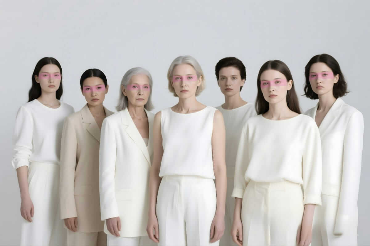 Generationenübergreifende Führung: Perspektiven verbinden, Potenziale freilegen Gruppe von sieben Frauen verschiedener Generationen in hellen Outfits nebeneinander – Symbol für strukturierte Zusammenarbeit im generationengemischten Team.