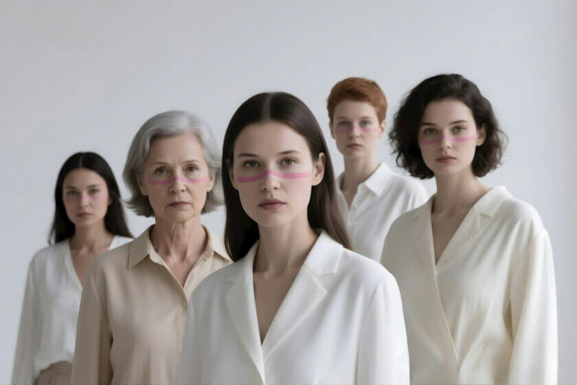 Generationenübergreifende Führung / Fünf Frauen verschiedener Generationen in hellen Outfits – Symbol für generationenübergreifende Zusammenarbeit.