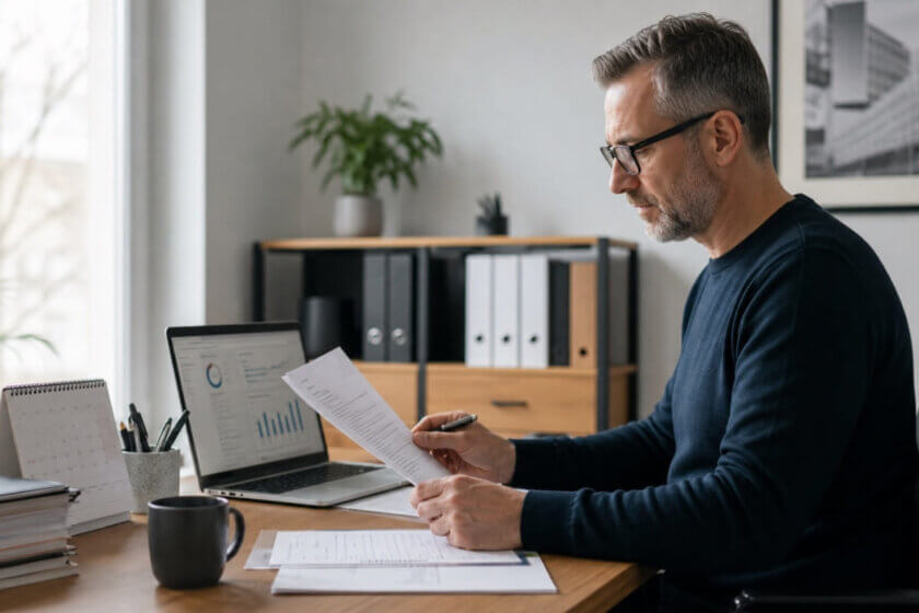 Selbständiger prüft ein Dokument an seinem Schreibtisch mit Laptop und Unterlagen – Symbol für strukturiertes Forderungsmanagement.
