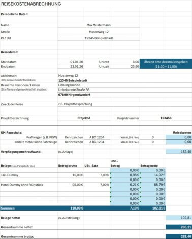 Vorlage Reisekostenabrechnung - Deckblatt